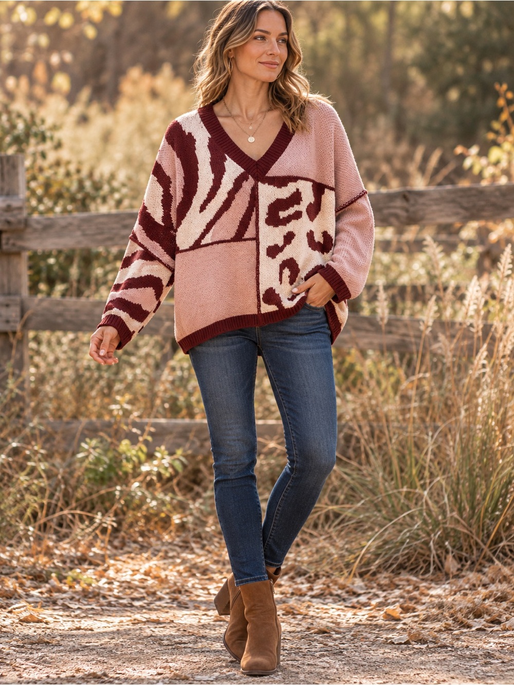 POL Patchwork Animal-Print V-Neck Sweater in Pink & Burgundy
